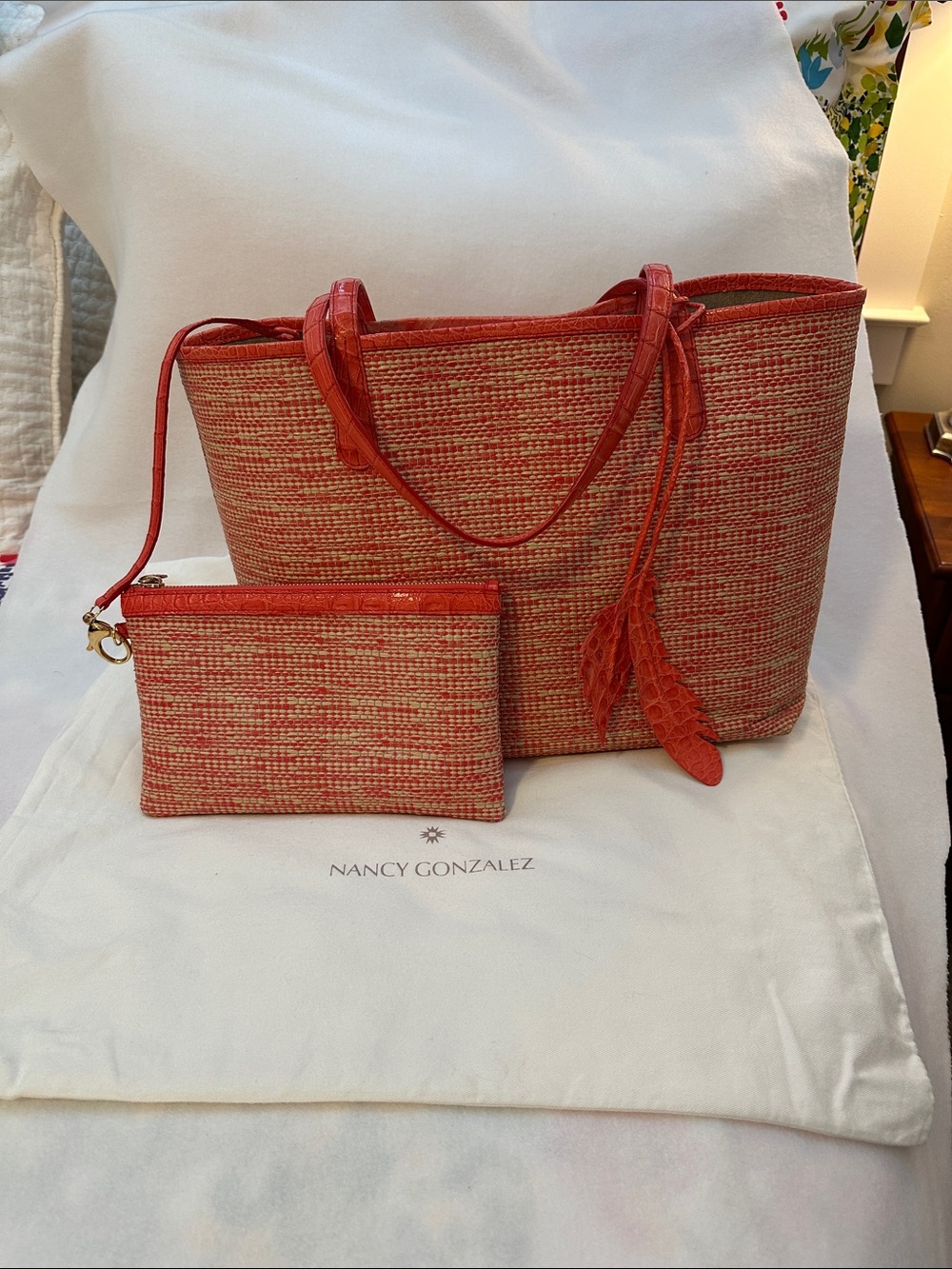 Nancy Gonzalez Erica Raffia and Crocodile Tote with Matching Pouch